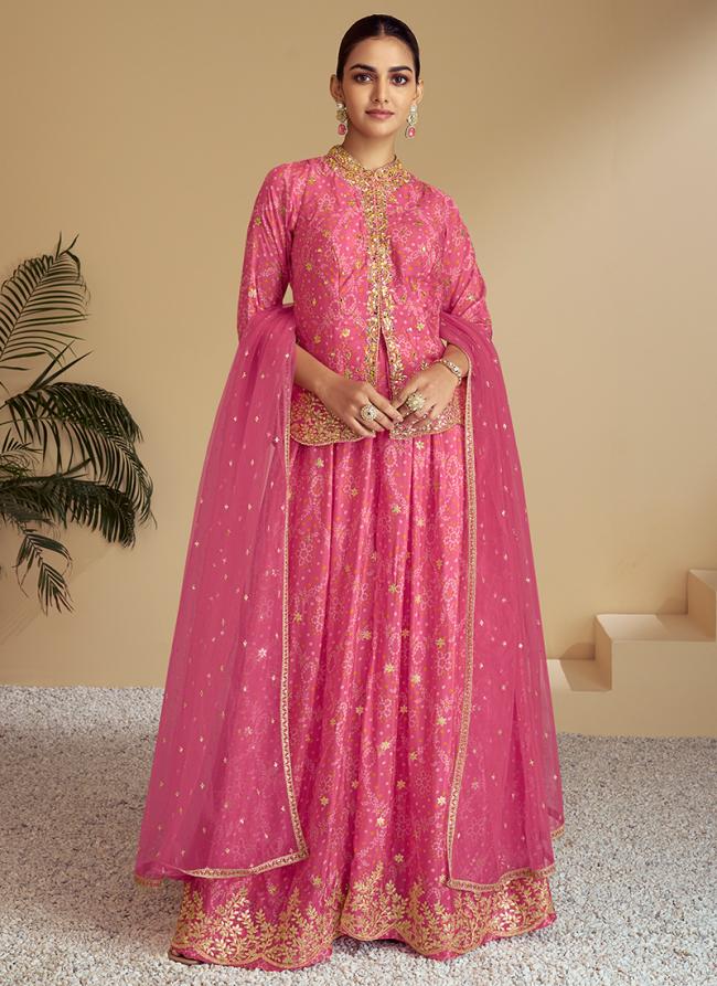 Chinnon Pink Wedding Wear Printed Readymade Plazzo Suit